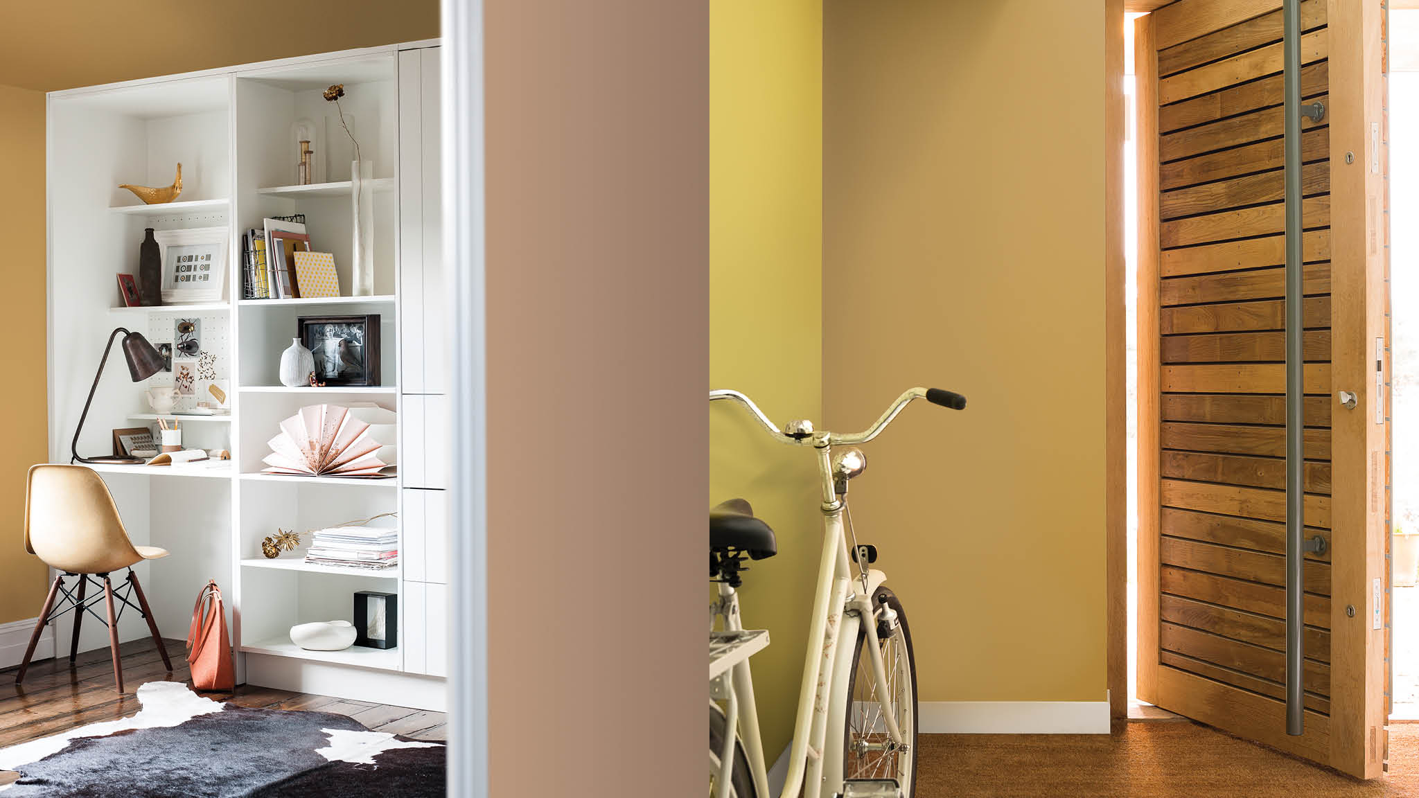 L’or, une couleur chaleureuse Pour une palette de couleurs chaleureuses, associez un ocre doré et une couleur claire et douce comme le cappuccino. Ces deux teintes naturelles se marient parfaitement et conviennent particulièrement bien aux halls d’entrée.